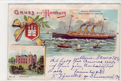 Hamburg - Amerika Ozeandampfer Fürst Bismark Litho 1901