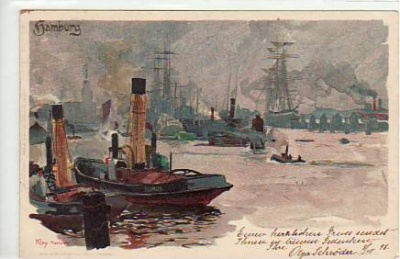 Frachtschiffe-Hochseeschiffe Hamburg Künstlerkarte Kley 1900